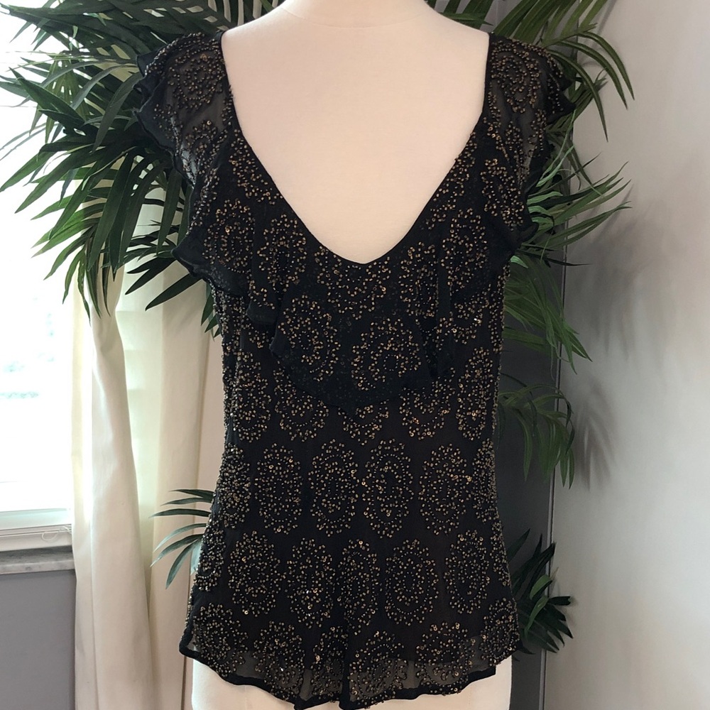 Adrianna Papell Black and Gold Blouse 100 % silk